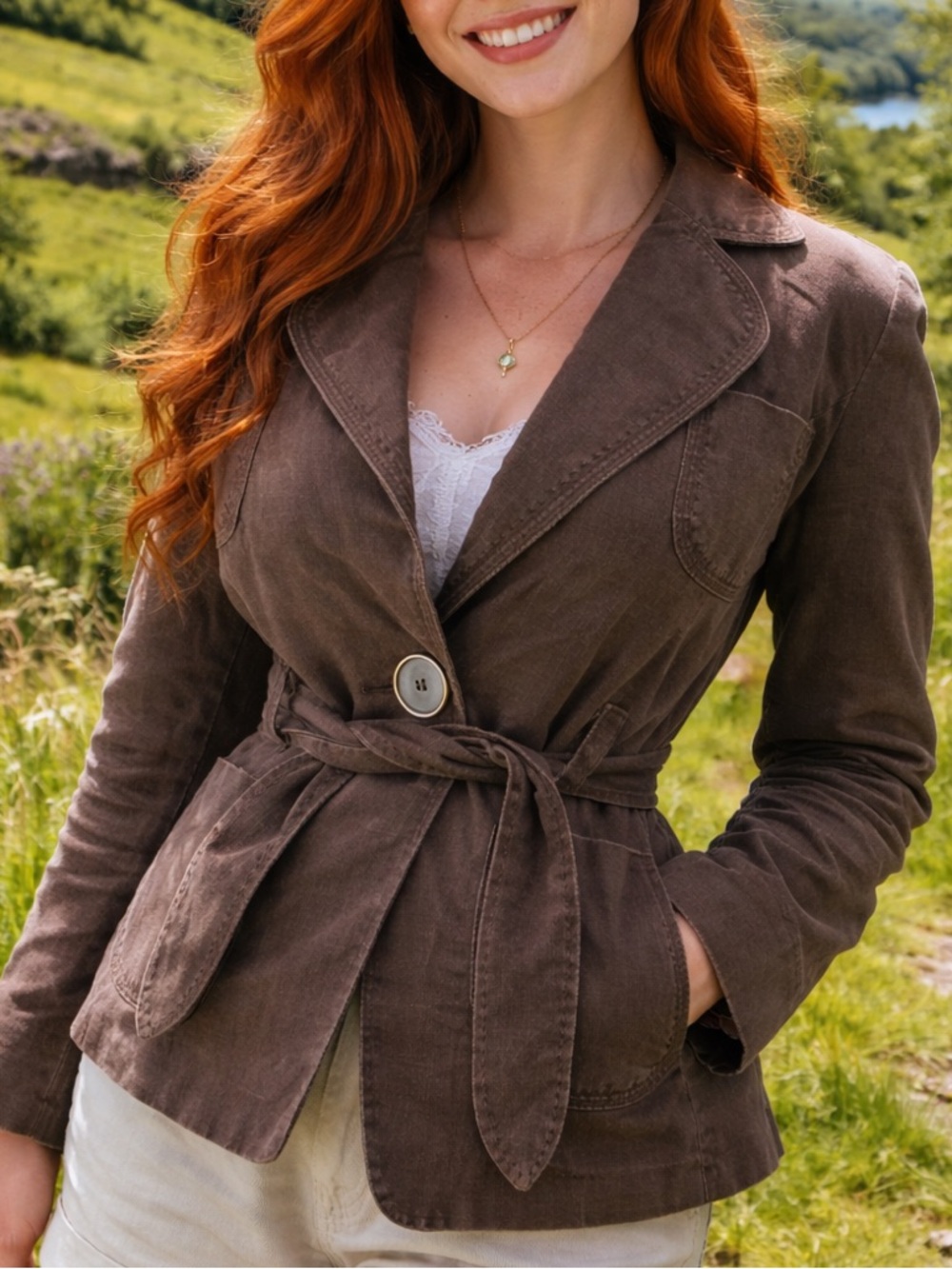 Next Tie Waist Blazer Jacket UK6 US2 Brown Lightweight European Chic Wrap Style